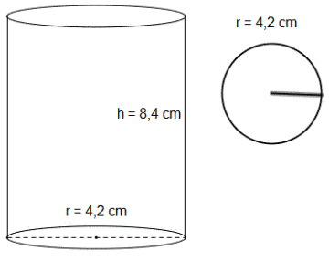 Sylingder med høyde 8,4 cm og radius 4,2 cm. Sirkel med radius 4,2 cm